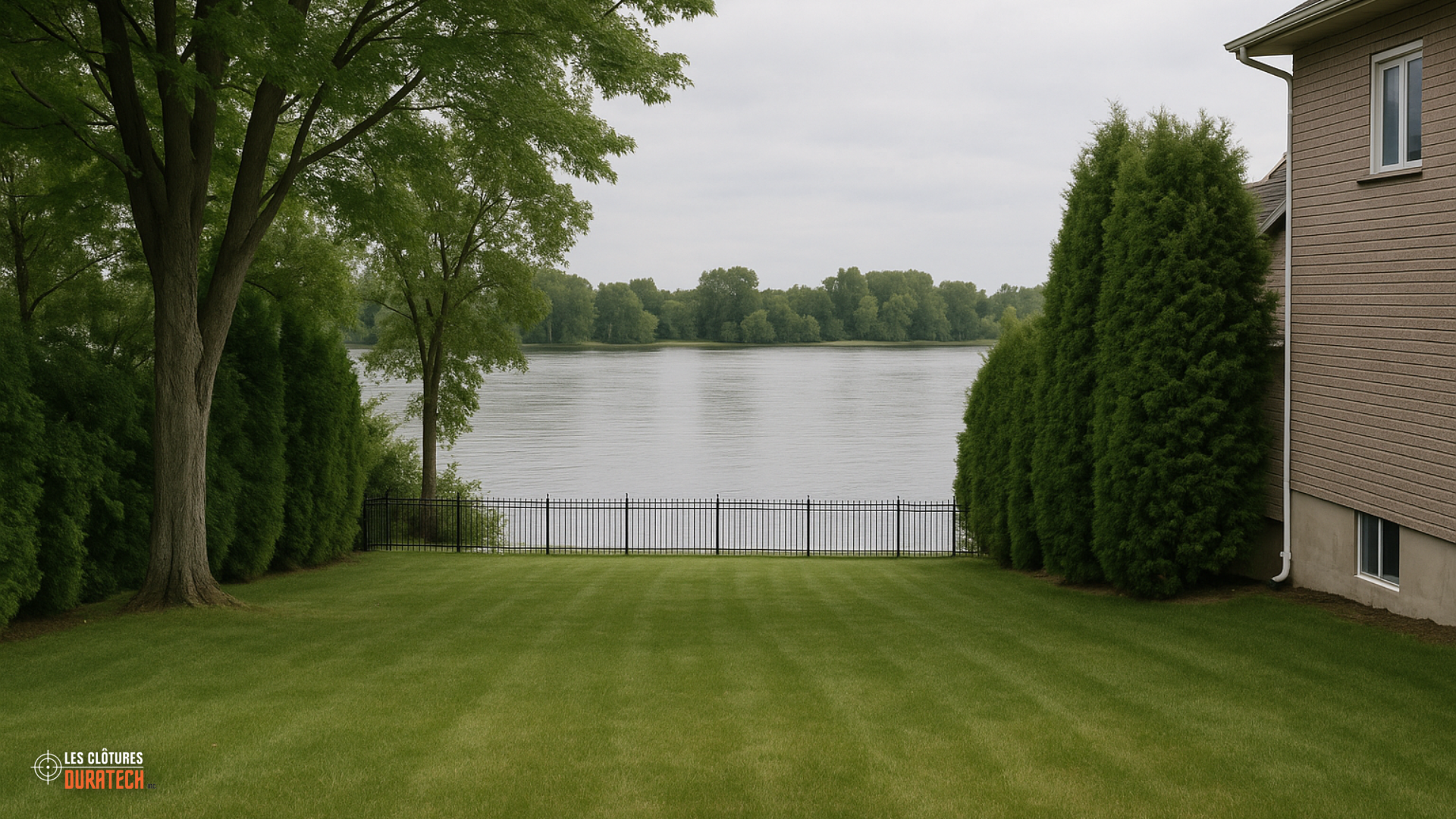 Waterfront backyard with a black ornamental aluminum fence in Montérégie, Quebec
