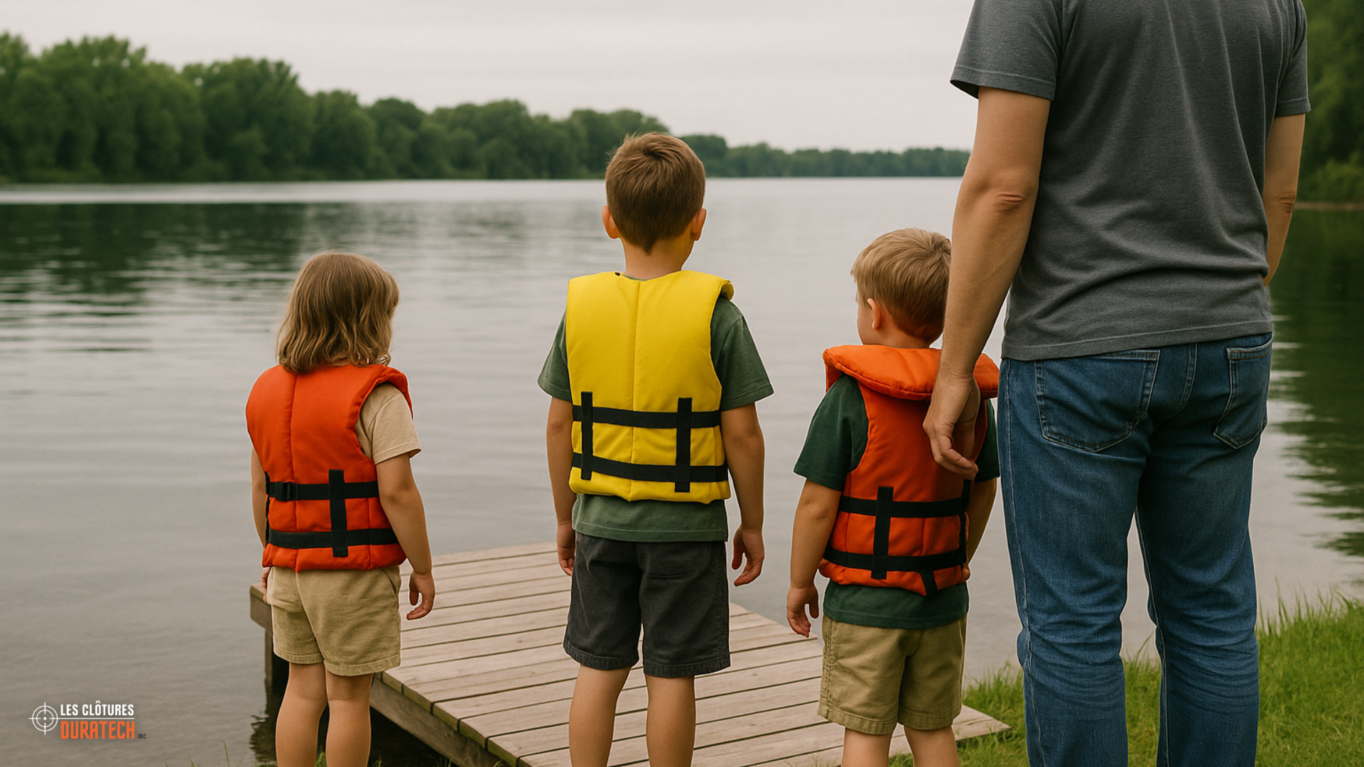 Children in life jackets by a Quebec lake with a supervising adult