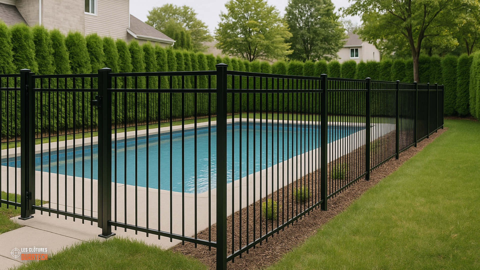 Black ornamental aluminum pool fence enclosing a backyard pool in Quebec