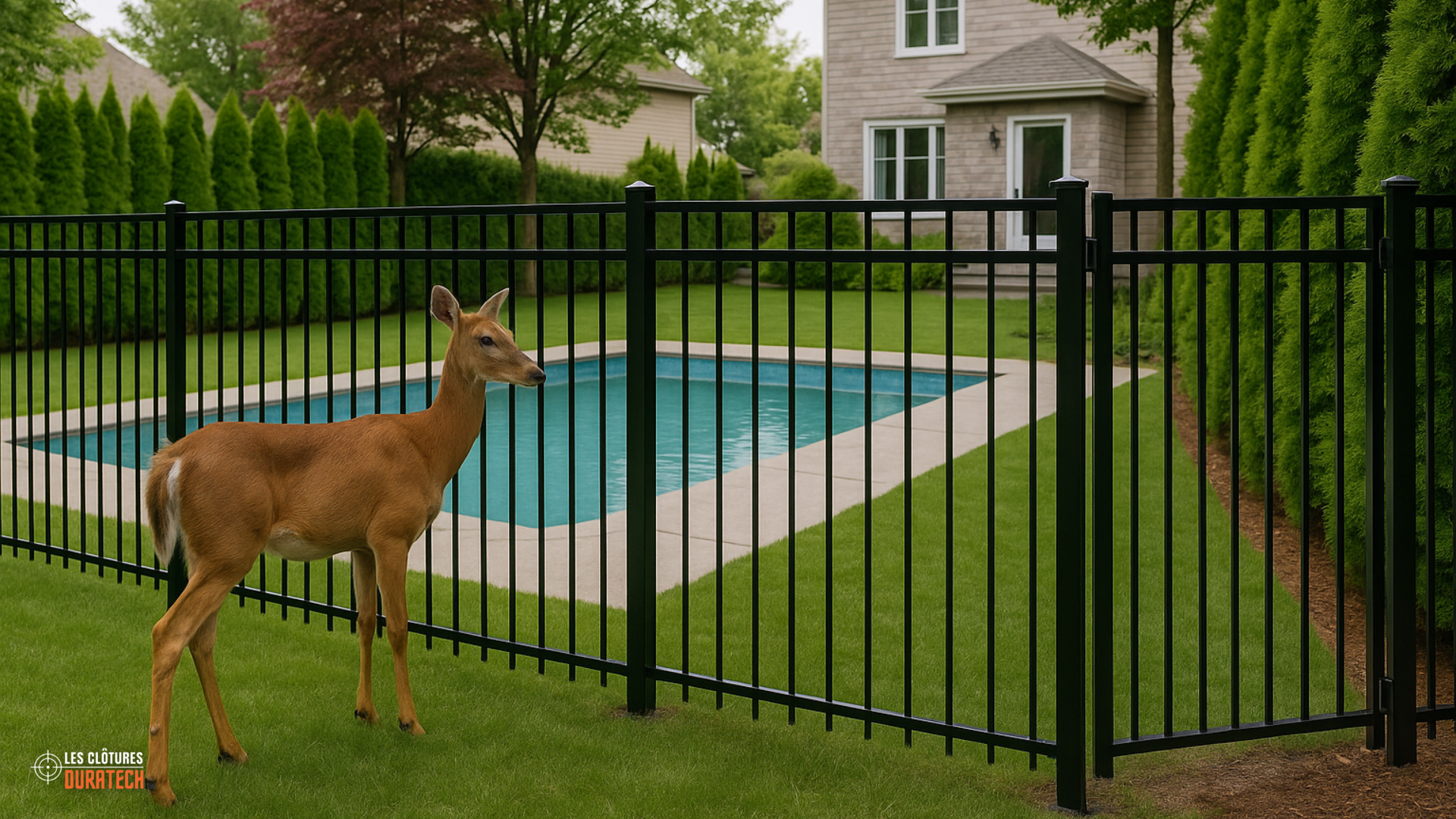 A deer outside a pool fence in a Quebec backyard, kept away from the pool