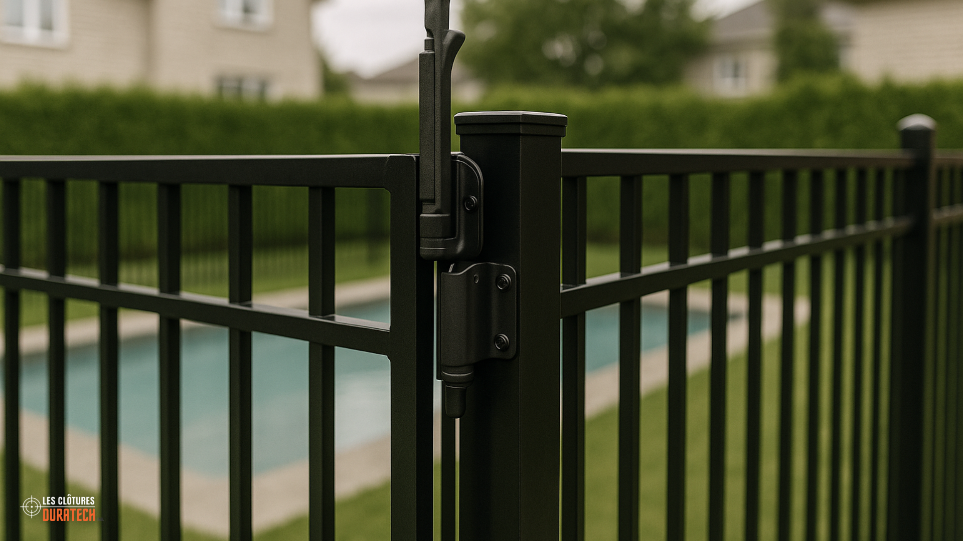 Self-closing, self-latching gate latch on a black aluminum pool fence
