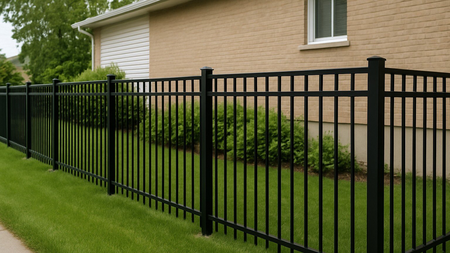 Black ornamental aluminum fence running along the side property line of a Quebec home