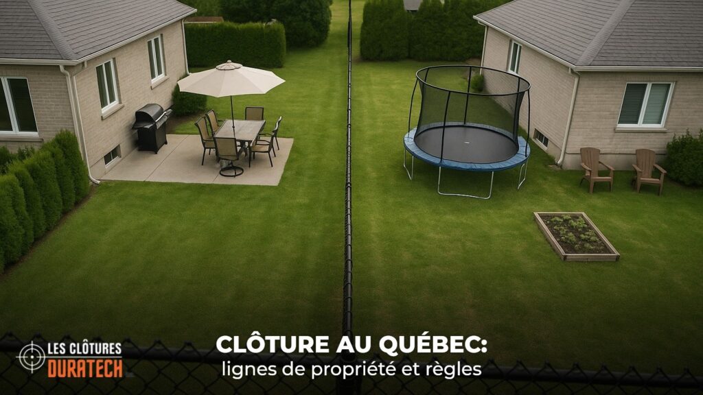 Vue aerienne de deux cours arriere au Quebec separees par une cloture en mailles de chaine le long de la ligne de propriete