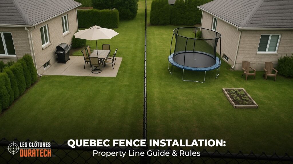 Aerial view of two Quebec backyards divided by a black chain-link fence along the property line