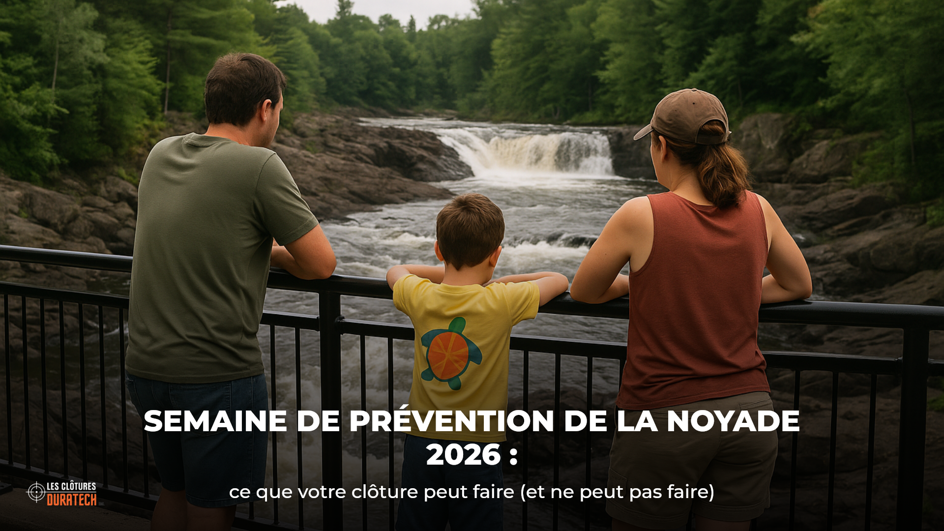 Une famille à une rampe de sécurité au-dessus de rapides au Québec