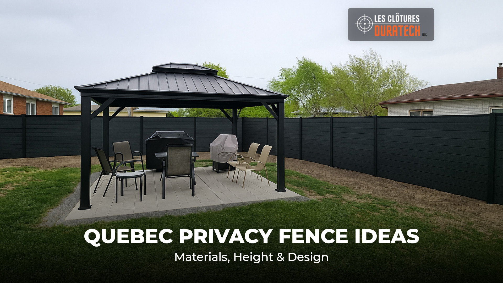 Quebec privacy fence ideas: composite privacy fence enclosing a backyard
