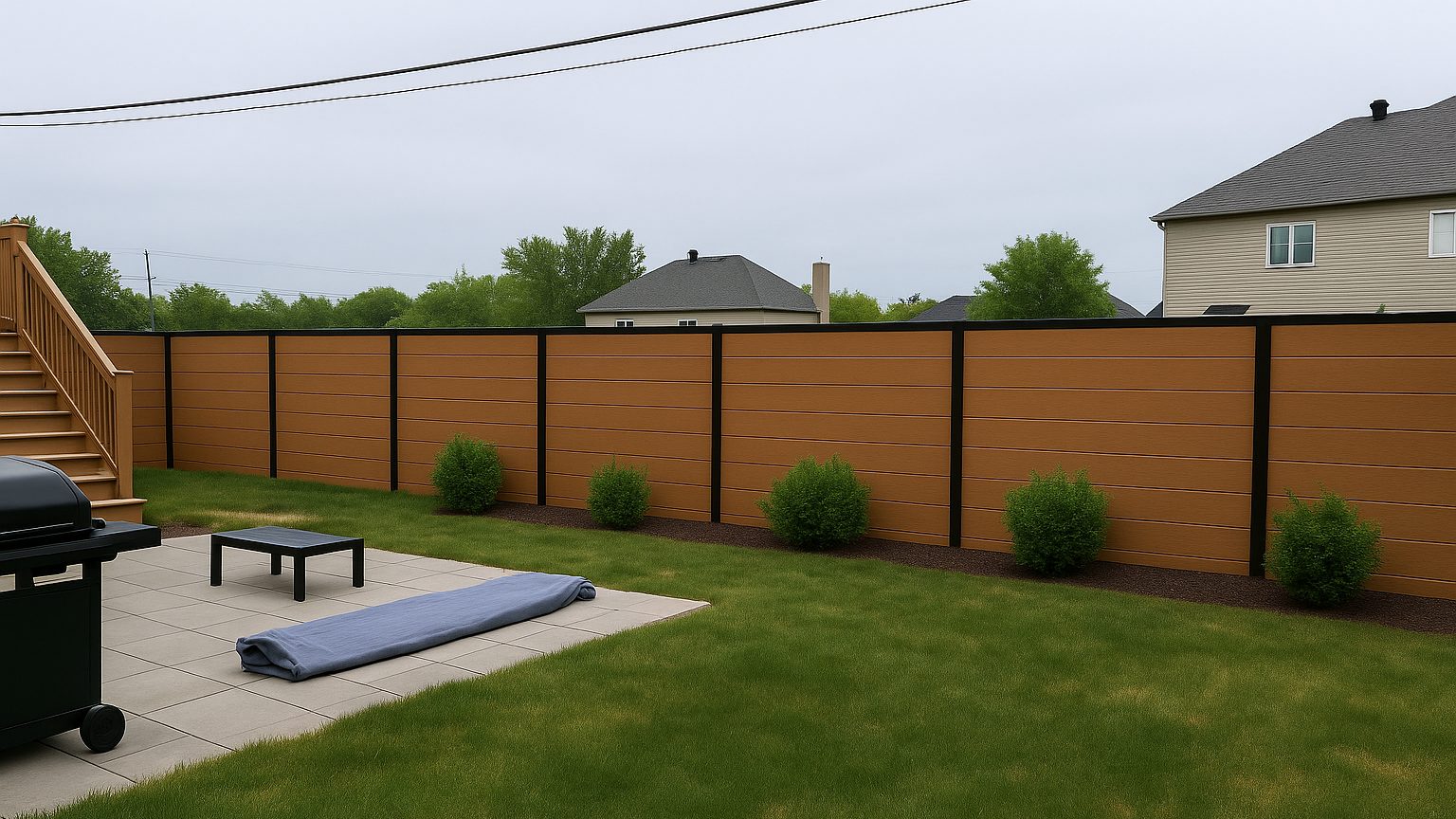 Wood-look composite privacy fence behind a patio in a Quebec backyard