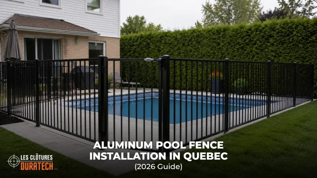 Black ornamental aluminum pool enclosure around an in-ground pool in Quebec, self-closing self-latching gate in the run