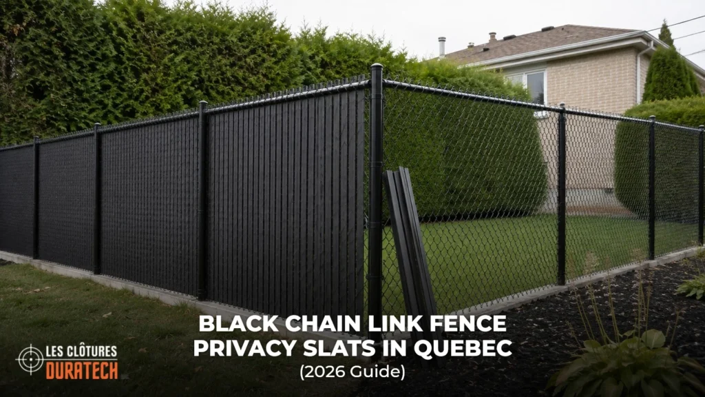 Black chain link fence with privacy slats partly installed: filled surface on one side, bare mesh on the other