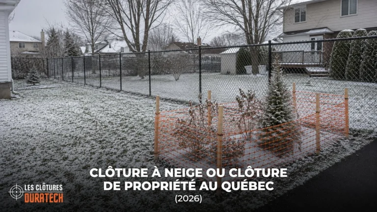 Premiere neige dans une cour quebecoise : cloture a neige orange protegeant de jeunes arbustes et cloture Frost permanente en fond de terrain