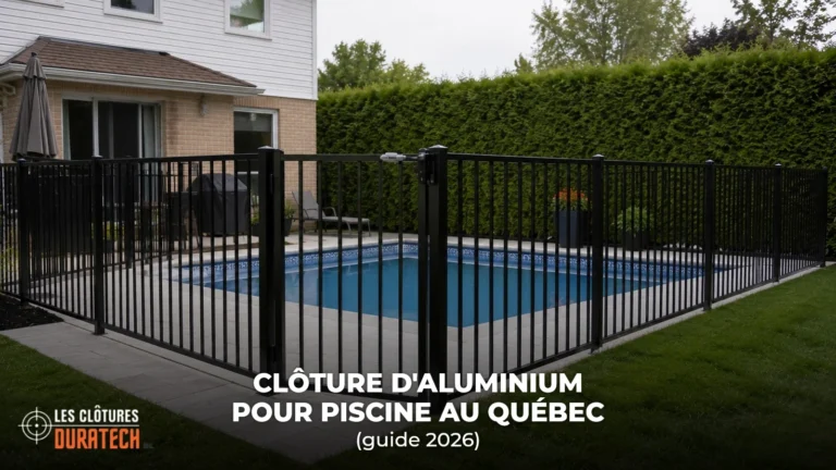 Enceinte de piscine en aluminium ornemental noir au Quebec, portillon a fermeture et verrouillage automatiques