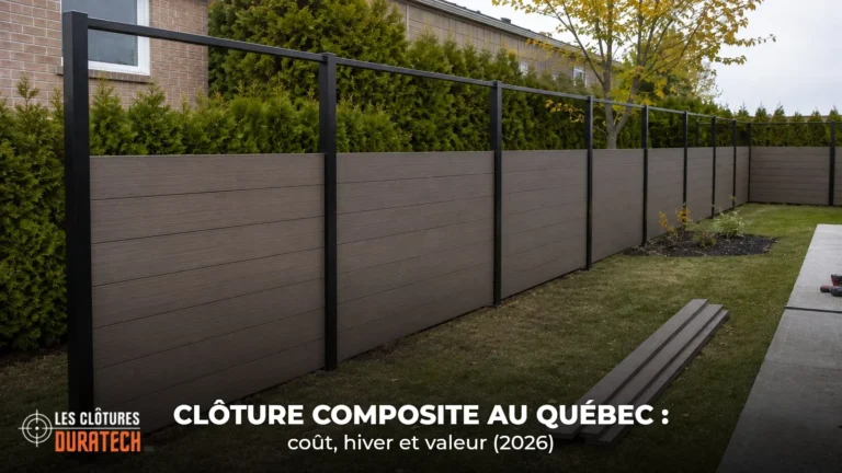 Cloture hybride composite en cours d installation au Quebec : cadre d acier noir et lames composites horizontales