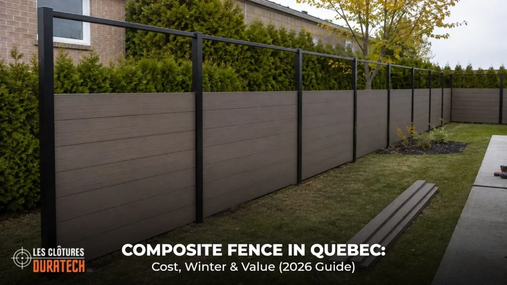 Hybrid composite fence under installation in a Quebec backyard: black steel frame with horizontal composite boards