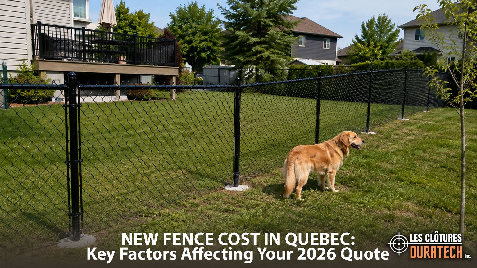 Black chain-link fence in a Quebec backyard with a dog beside the fence line
