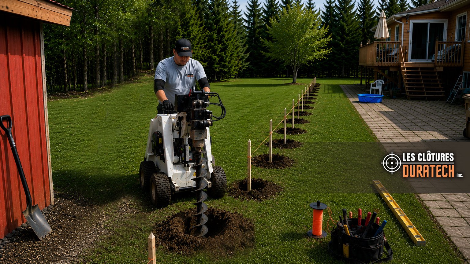 Fence installer drilling deep post holes along a marked line in a Quebec backyard