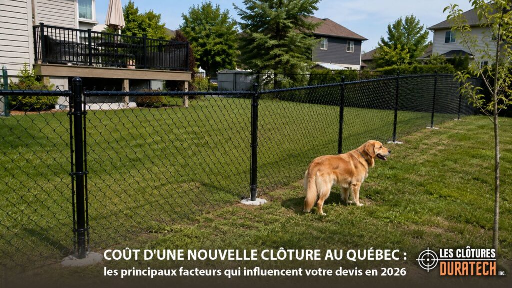 Clôture en mailles de chaîne noire dans une cour arrière au Québec, avec un chien près de la ligne de clôture
