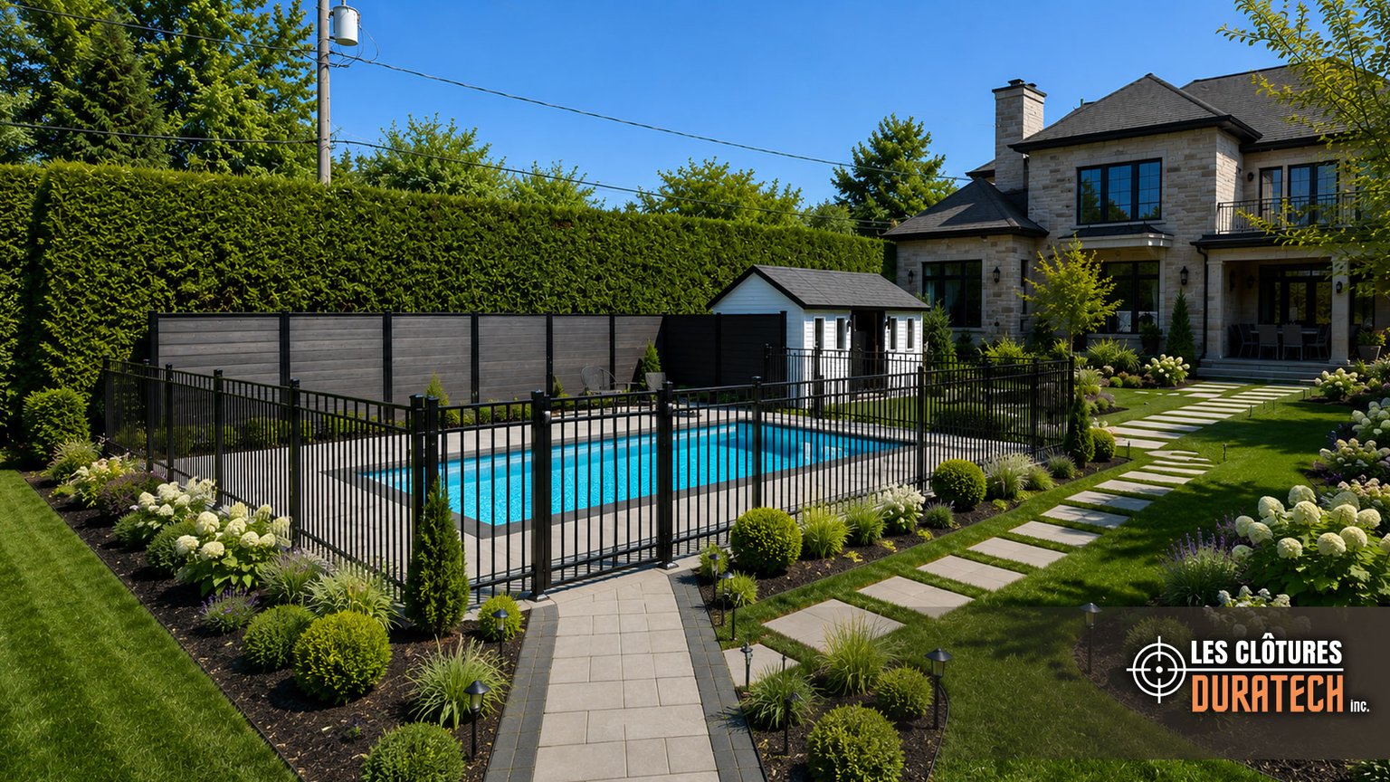 Clôture de piscine ornementale en aluminium avec portillon à fermeture automatique, dans une cour arrière au Québec