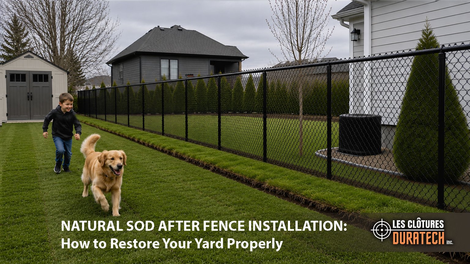 Fresh natural sod along a new fence line in a Quebec backyard