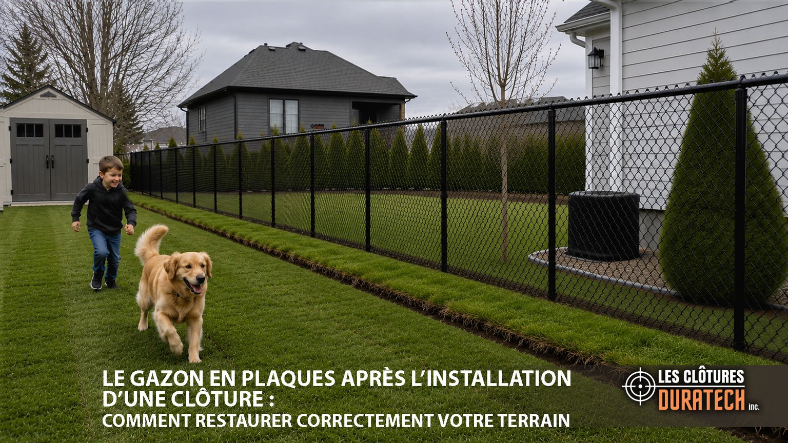 Tourbe fraîche le long d’une nouvelle ligne de clôture dans une cour arrière au Québec