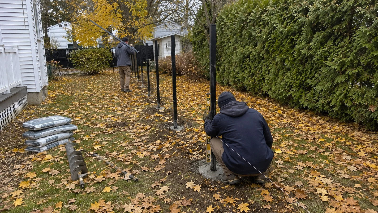 Autumn fence installation in Quebec: fresh concrete footings around steel posts, fallen maple leaves, crew working along a string line