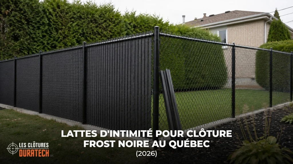 Cloture Frost noire avec lattes d intimite posees a moitie : surface pleine d un cote, mailles nues de l autre