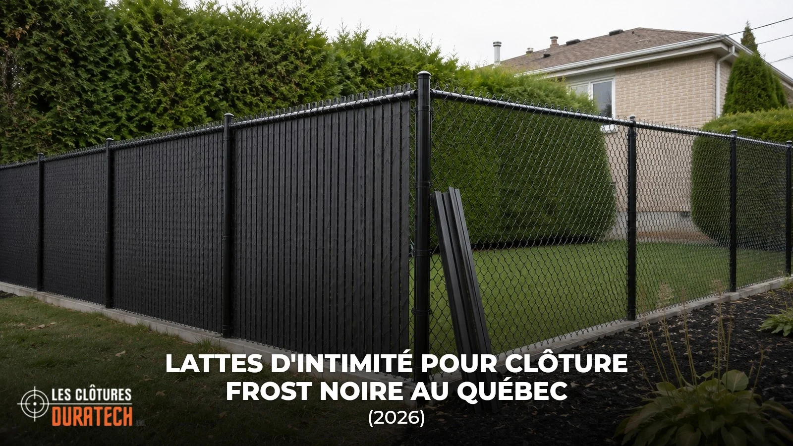 Cloture Frost noire avec lattes d intimite posees a moitie : surface pleine d un cote, mailles nues de l autre