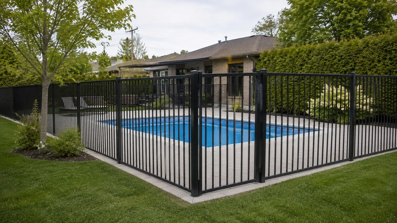 Ornamental aluminum pool fence seen from outside: straight vertical pickets of even spacing, gate closed, pool visible through