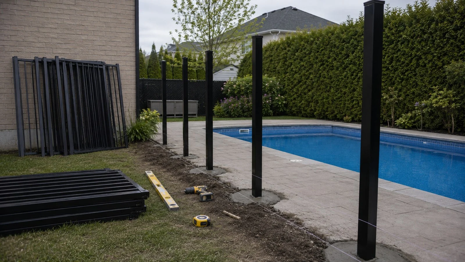 Pool enclosure installation in progress: aluminum posts set in fresh concrete footings, panels stacked and not yet installed