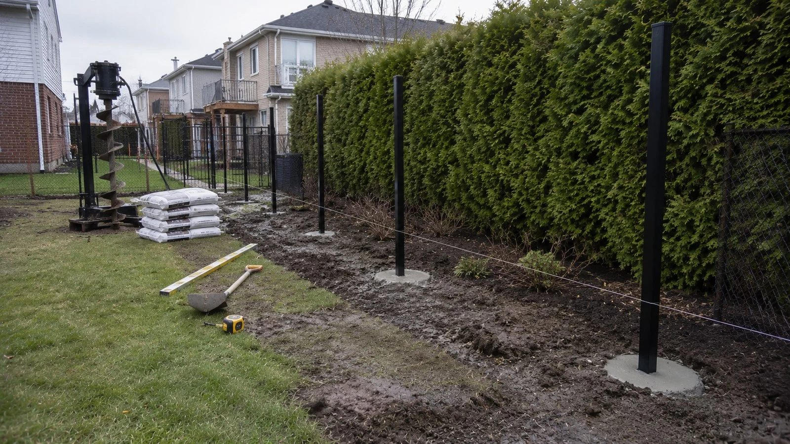 Poteaux de cloture installes dans des semelles de beton cylindriques alignees au cordeau, tariere et sacs de beton sur place