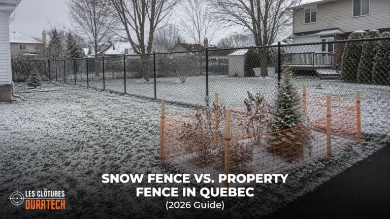 First snow in a Quebec backyard: an orange snow fence protecting young shrubs and a permanent black chain link fence along the lot line