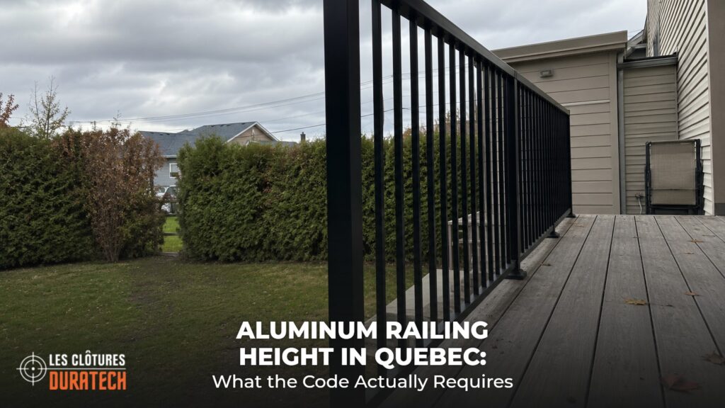Black aluminum guard railing on a raised backyard deck of a Quebec house