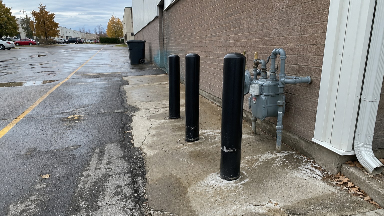 Trois bornes d'acier noires encastrées dans le béton protégeant, du côté de l'allée de circulation, le compteur de gaz fixé au mur d'un bâtiment commercial