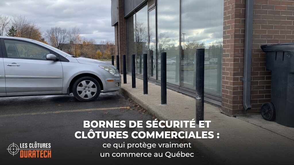 Voiture stationnée près de bornes d'acier noires protégeant la vitrine d'un commerce au Québec