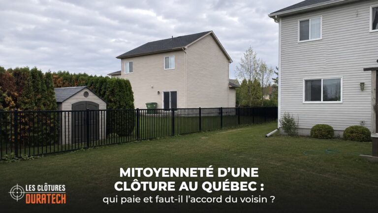 Clôture d'aluminium noire à dessus plat sur la ligne séparative entre deux cours arrière ordinaires au Québec