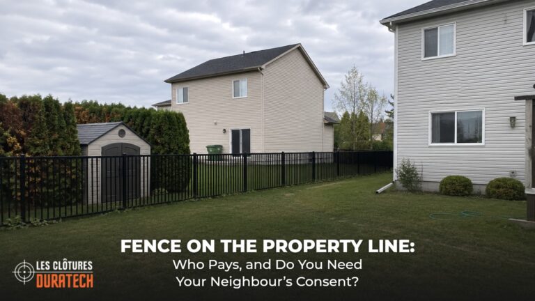 Black flat-top aluminum fence on the property line between two ordinary Quebec back yards