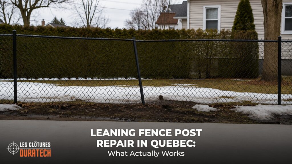 Black chain-link fence in a South Shore backyard in early spring, one steel post clearly leaning out of line after frost heave