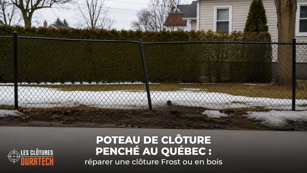 Clôture noire en mailles de chaîne sur la Rive-Sud au début du printemps, un poteau d’acier nettement penché après le soulèvement dû au gel