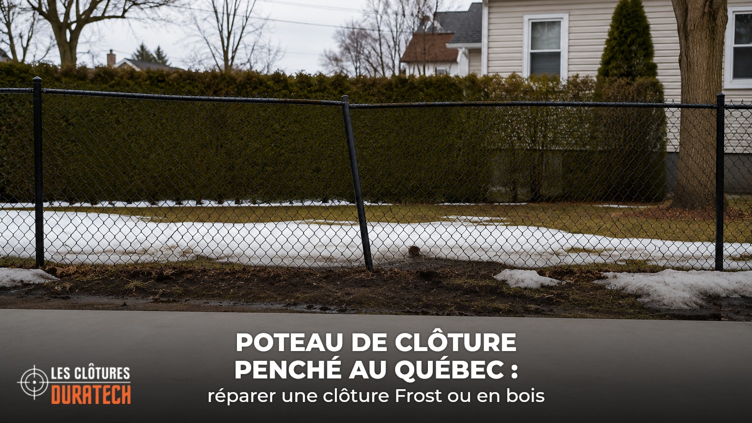 Clôture noire en mailles de chaîne sur la Rive-Sud au début du printemps, un poteau d’acier nettement penché après le soulèvement dû au gel