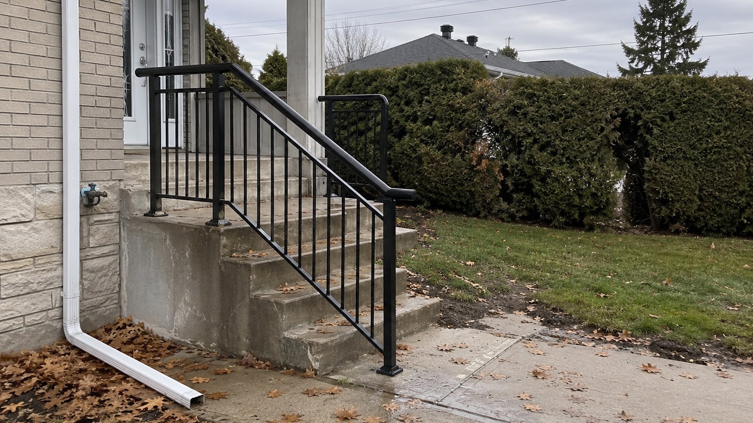 Rampe d’aluminium noire sur poteaux le long d’un escalier de béton au Québec, main courante ronde prolongée à l’horizontale au-delà de la dernière marche
