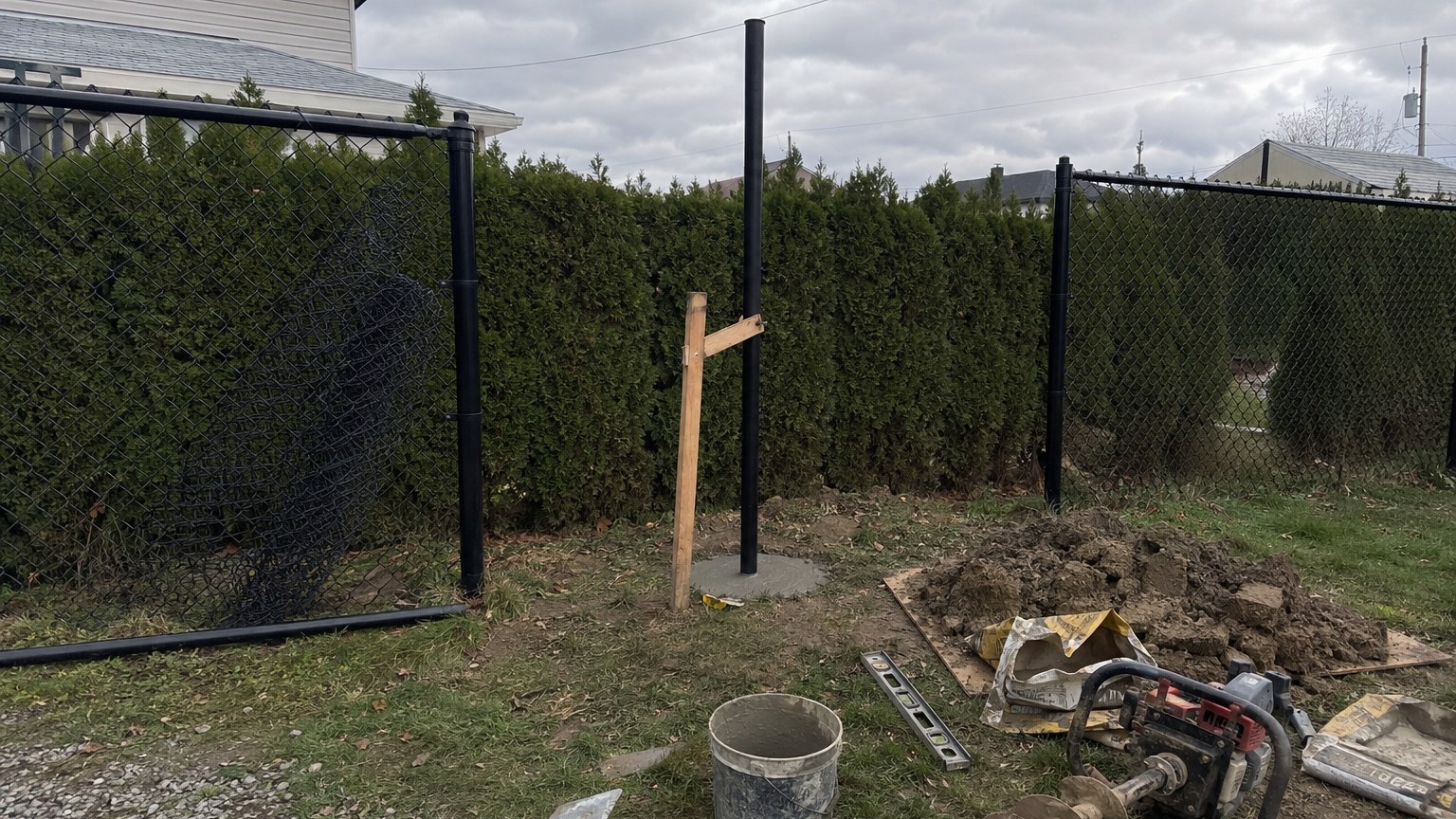 New round steel chain-link post braced plumb in an augered hole with concrete poured around it, mesh folded back