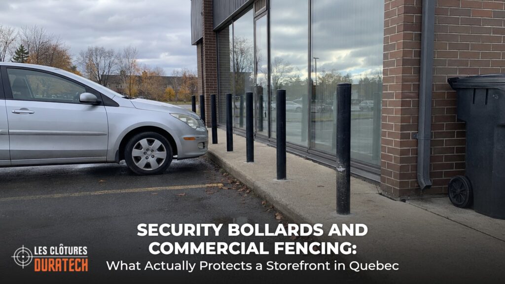 Car parked close to black steel bollards protecting a Quebec storefront window