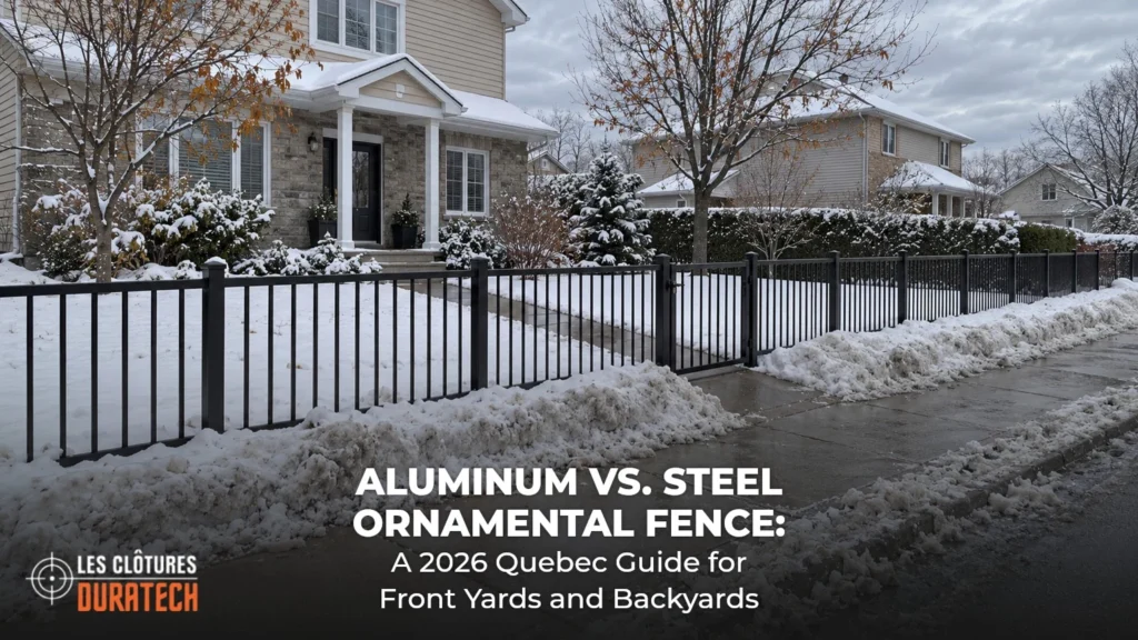 Black ornamental aluminum fence with a walk gate and a shovelled path after the first snowfall in Quebec