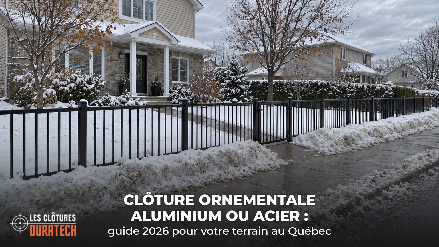 Clôture ornementale noire en aluminium avec portillon et passage déneigé après la première neige au Québec