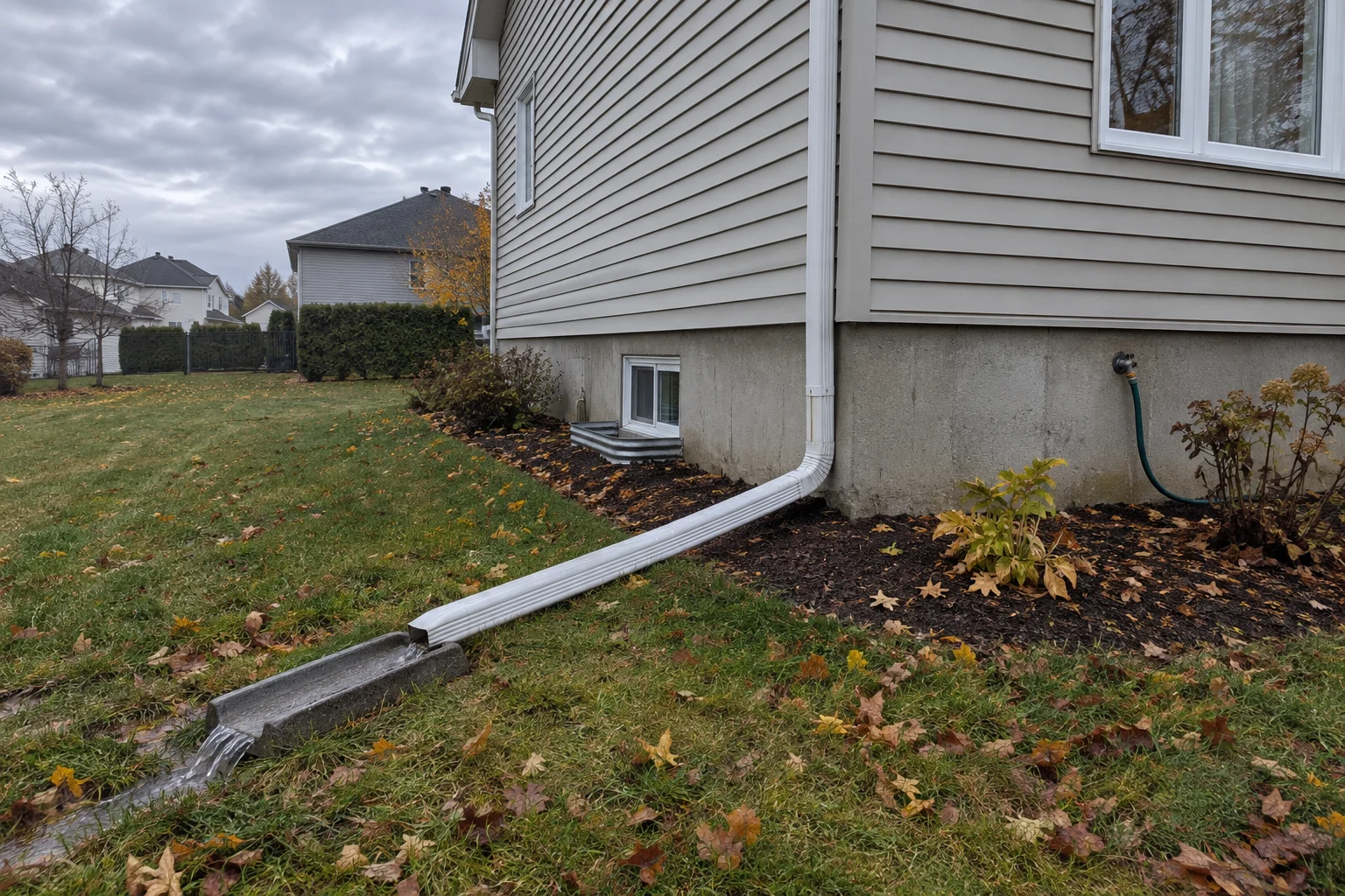Downspout extension carrying rainwater onto a concrete splash block, away from the foundation on a sloped lawn