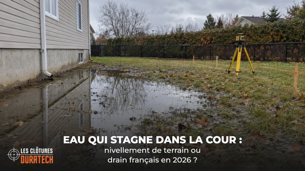 Eau de pluie accumulée contre une fondation, avec un niveau laser et des piquets qui marquent la nouvelle pente
