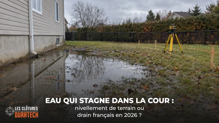 Eau de pluie accumulée contre une fondation, avec un niveau laser et des piquets qui marquent la nouvelle pente
