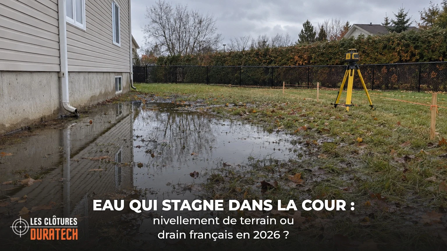 Eau de pluie accumulée contre une fondation, avec un niveau laser et des piquets qui marquent la nouvelle pente