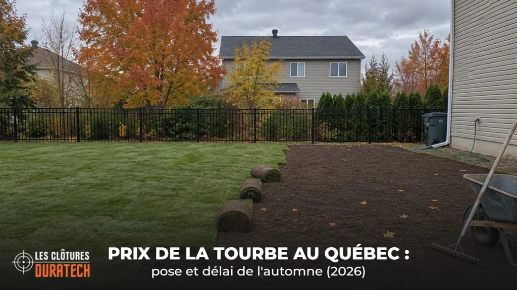 Pose de tourbe à moitié terminée dans une cour de la Rive-Sud en octobre, rouleaux verts à côté de la terre nivelée