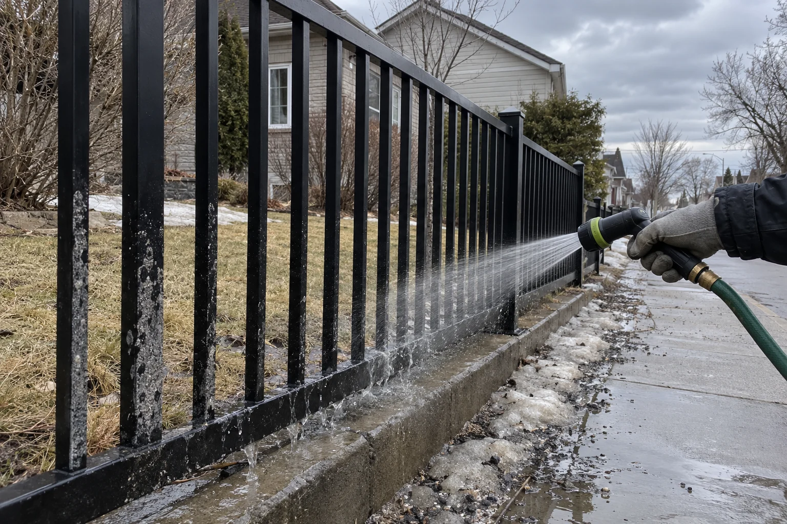Rinsing road salt off the pickets of a black aluminum fence with a garden hose in early spring