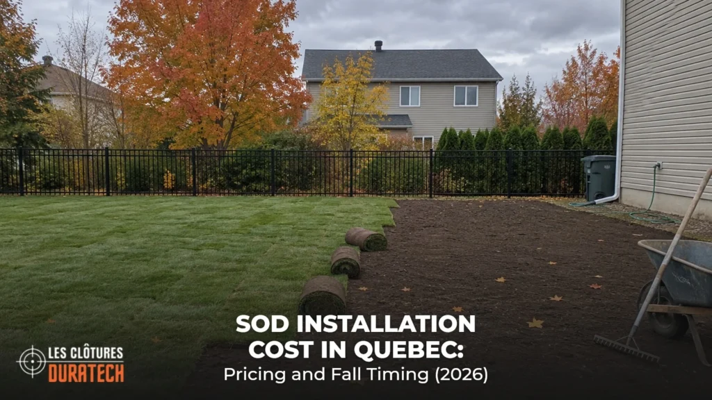New sod half laid in a South Shore backyard in October, fresh green rolls beside raked bare topsoil